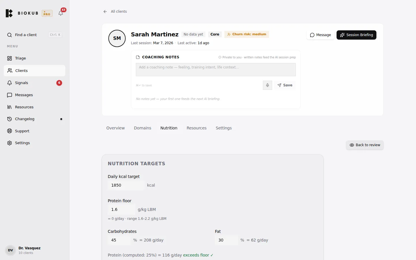 Client nutrition — targets tuned to the protocol