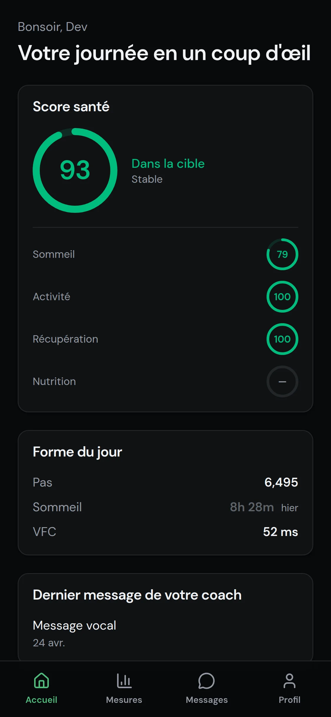 Score santé quotidien, sommeil, activité et récupération en un coup d'oeil