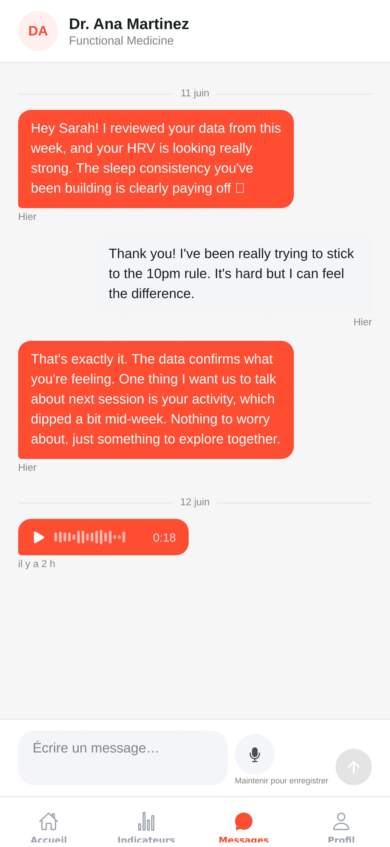 Messages coach et mises à jour client, synchronisés entre les séances